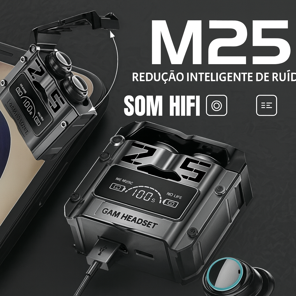 Fone Bluetooth M25 Pro™ – Som 9D + Case PowerBank com LED