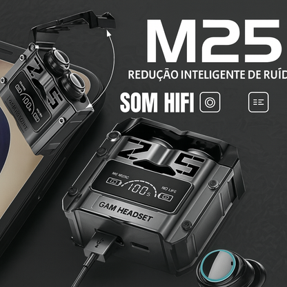 Fone Bluetooth M25 Pro™ – Som 9D + Case PowerBank com LED